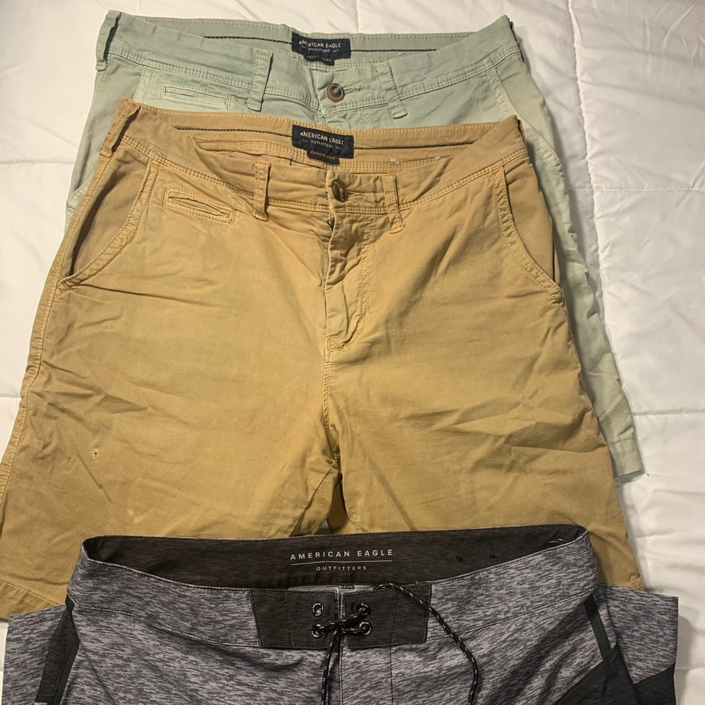 3 lot, 3 pairs American eagle khaki & beach shorts